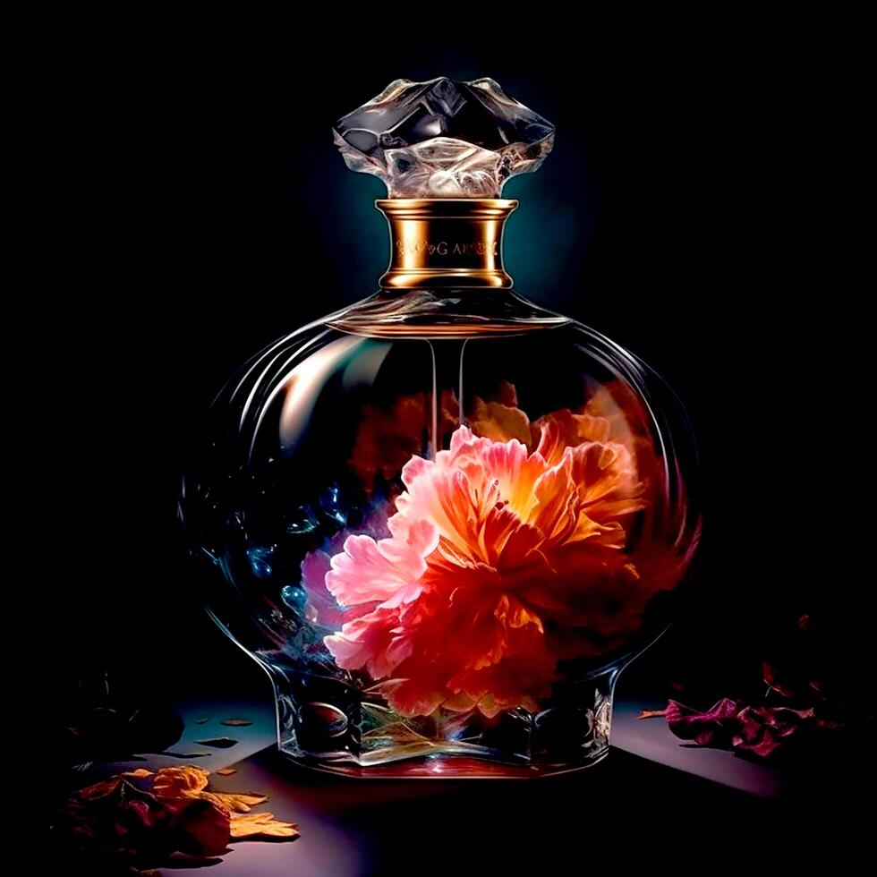 ai-generative-a-beautiful-vintage-style-perfume-bottle-with-floral-decoration-on-a-dark-background-free-photo